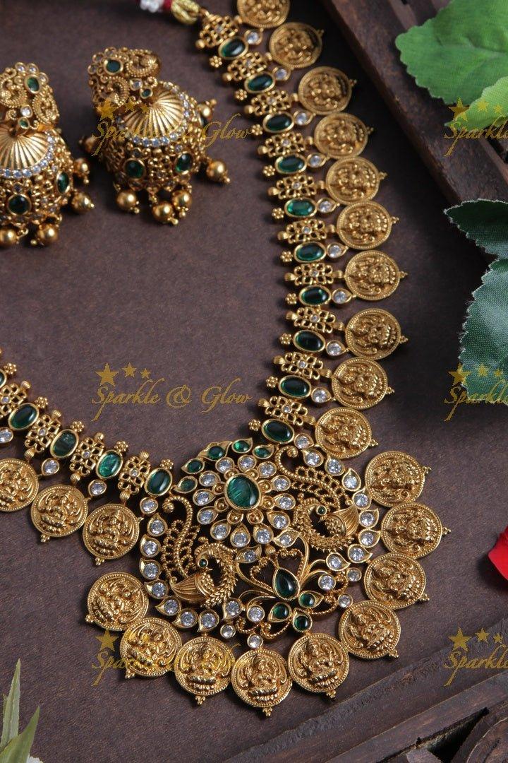 Premium Matt Floral Lakshmi Coin Necklace - Green - Sparkle and Glow