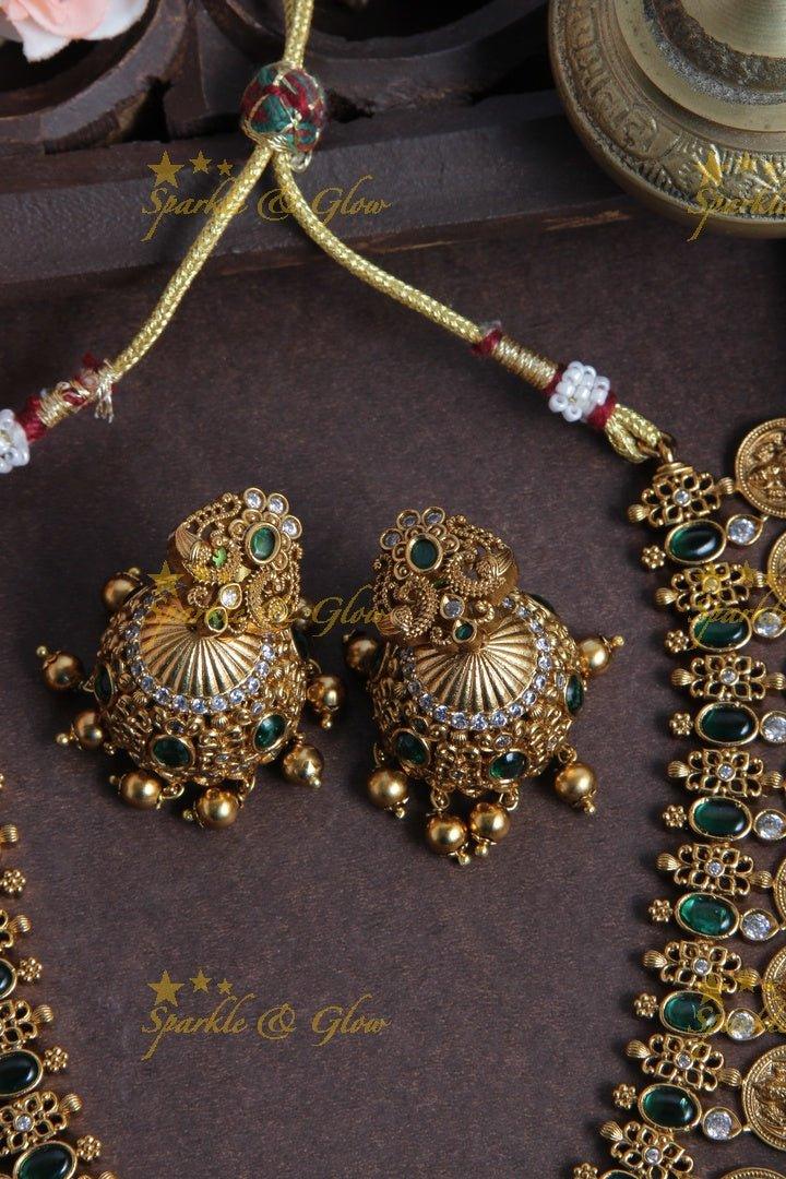 Premium Matt Floral Lakshmi Coin Necklace - Green - Sparkle and Glow