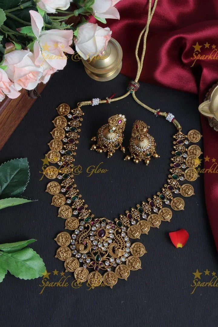 Premium Matt Floral Lakshmi Coin Necklace - Green - Sparkle and Glow
