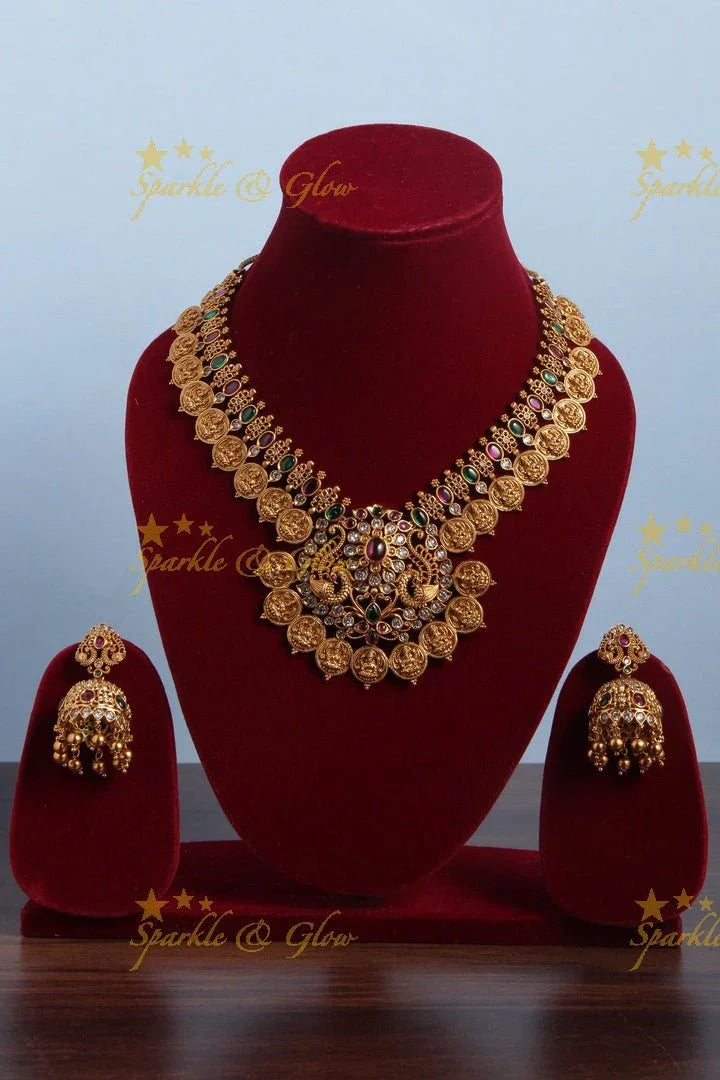 Premium Matt Floral Lakshmi Coin Necklace - Green - Sparkle and Glow