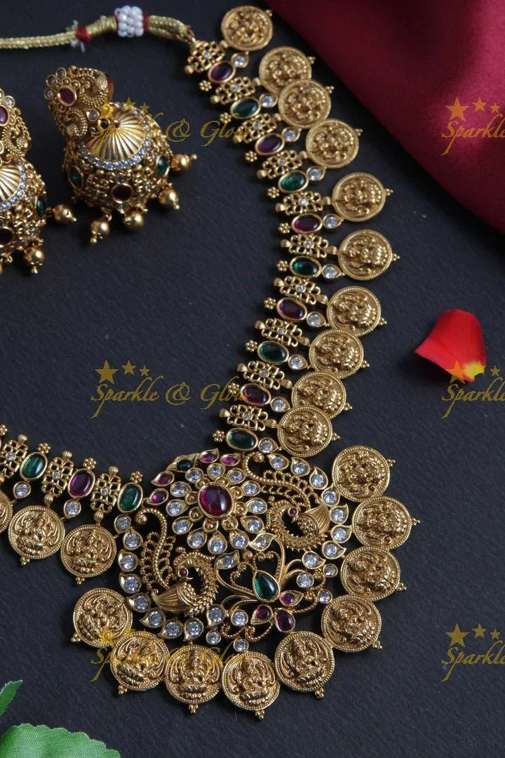 Premium Matt Floral Lakshmi Coin Necklace - Green - Sparkle and Glow