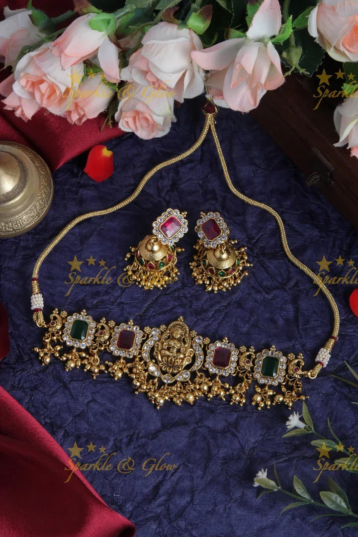 Premium Matt Lakshmi Pendent Kemp Stone Choker with Gold beads - Green - Sparkle and Glow