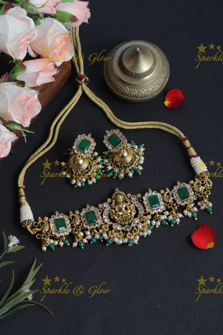 Premium Matt Lakshmi Pendent Kemp Stone Choker with Gold beads - Green - Sparkle and Glow