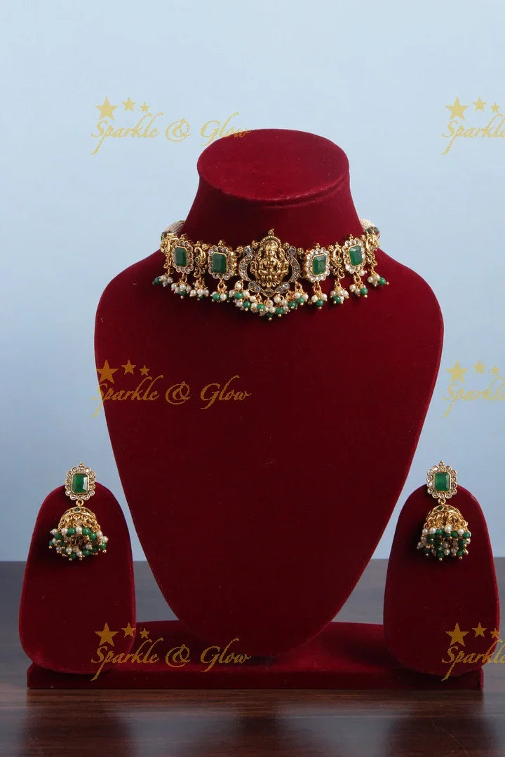 Premium Matt Lakshmi Pendent Kemp Stone Choker with Gold beads - Green - Sparkle and Glow