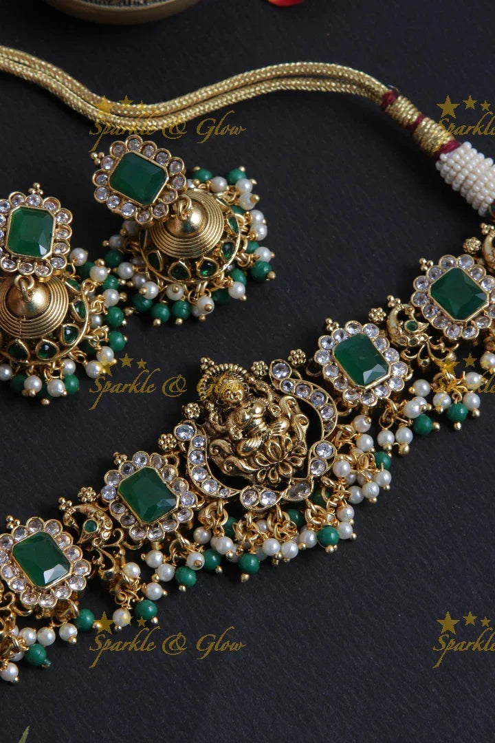 Premium Matt Lakshmi Pendent Kemp Stone Choker with Gold beads - Green - Sparkle and Glow