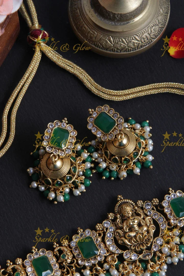 Premium Matt Lakshmi Pendent Kemp Stone Choker with Gold beads - Green - Sparkle and Glow