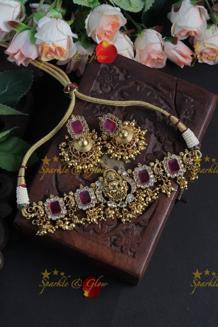 Premium Matt Lakshmi Pendent Kemp Stone Choker with Gold beads - Green - Sparkle and Glow