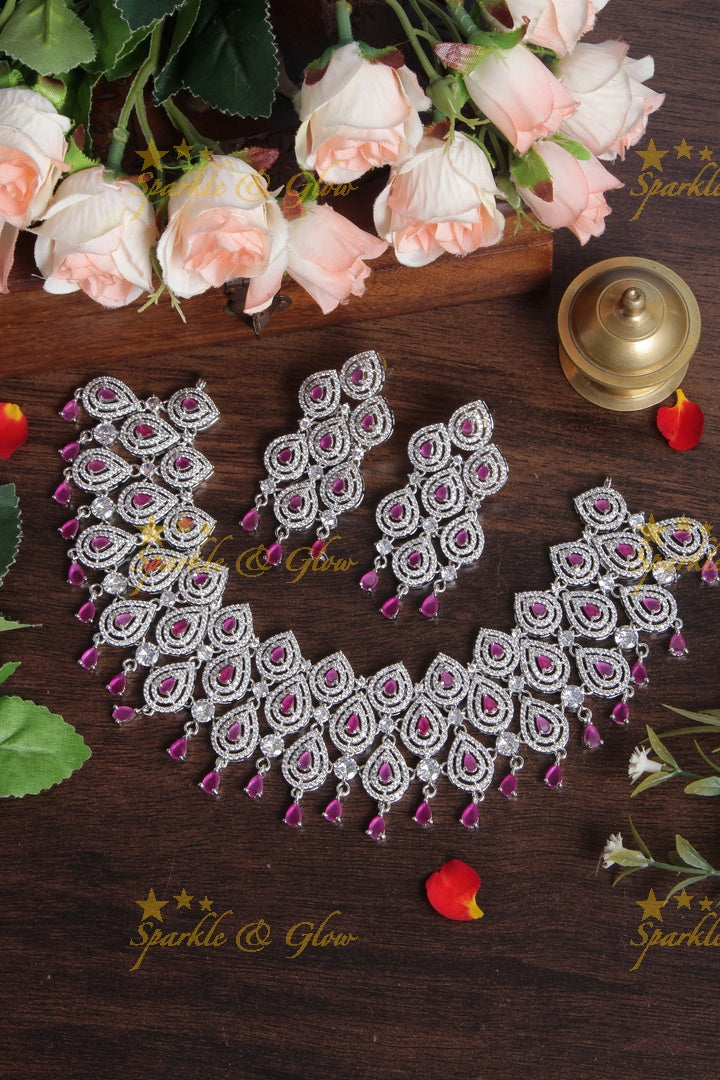 Silver AD Stone Heavy Statement Necklace - Pink