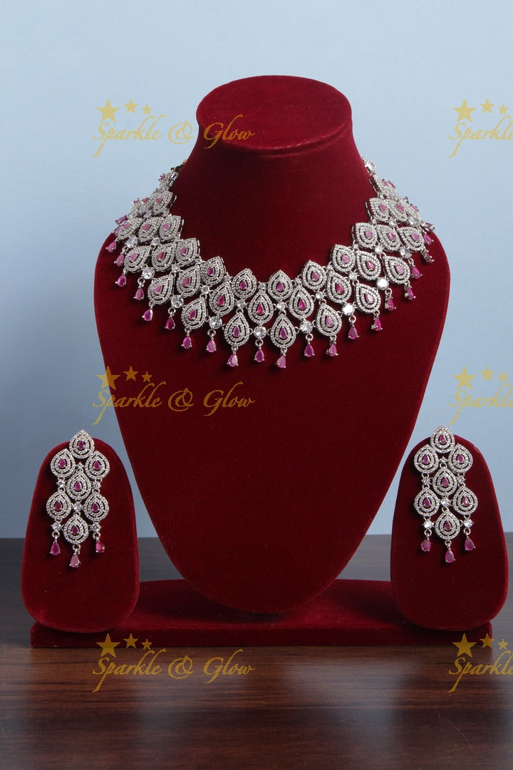 Silver AD Stone Heavy Statement Necklace - Pink