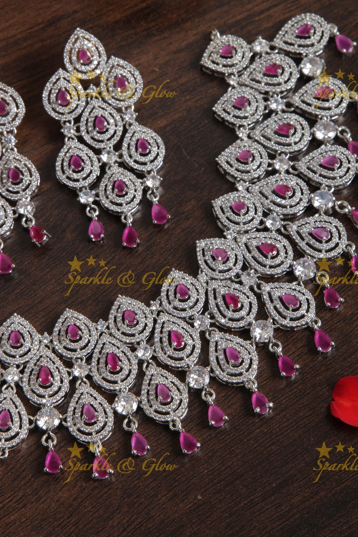 Silver AD Stone Heavy Statement Necklace - Pink