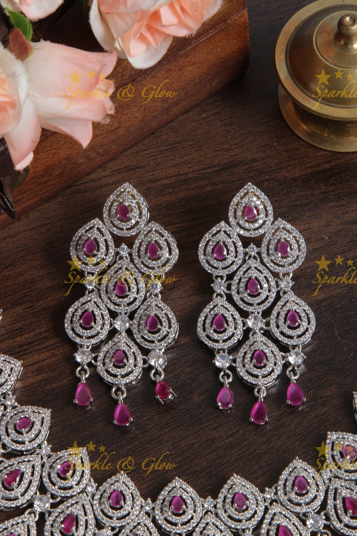 Silver AD Stone Heavy Statement Necklace - Pink
