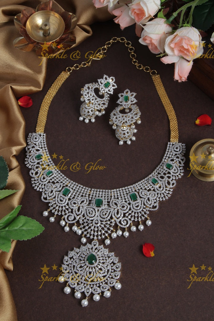 GJ polish Heavy Bridal AD Stone Necklace - Green