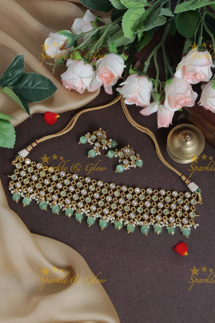 Gold Alike Stone Necklace with Green beads - Sparkle and Glow