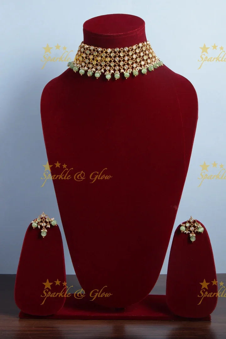 Gold Alike Stone Necklace with Green beads - Sparkle and Glow