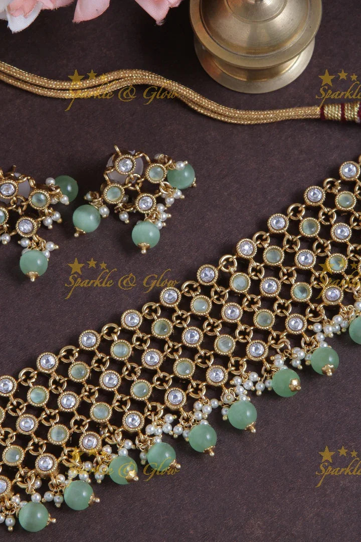 Gold Alike Stone Necklace with Green beads - Sparkle and Glow