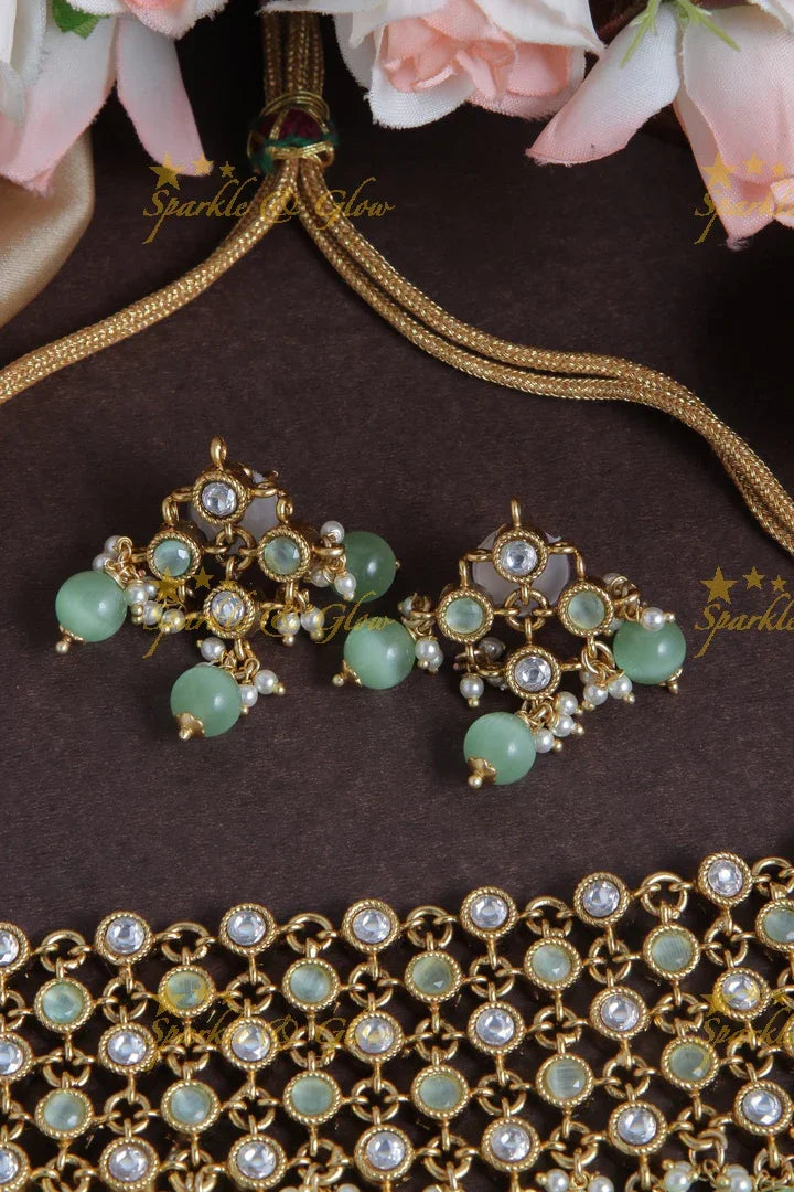 Gold Alike Stone Necklace with Green beads - Sparkle and Glow