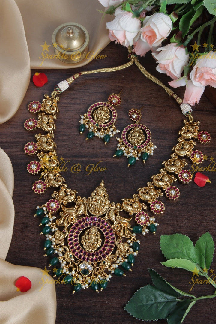 Exclusive Gold Alike Lakshmi Peacock Floral green beads Necklace