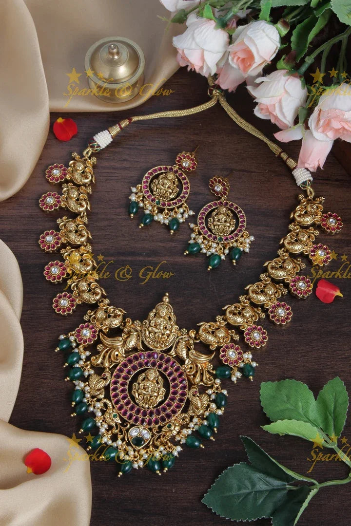 Exclusive Gold Alike Lakshmi Peacock Floral green beads Necklace - Sparkle and Glow
