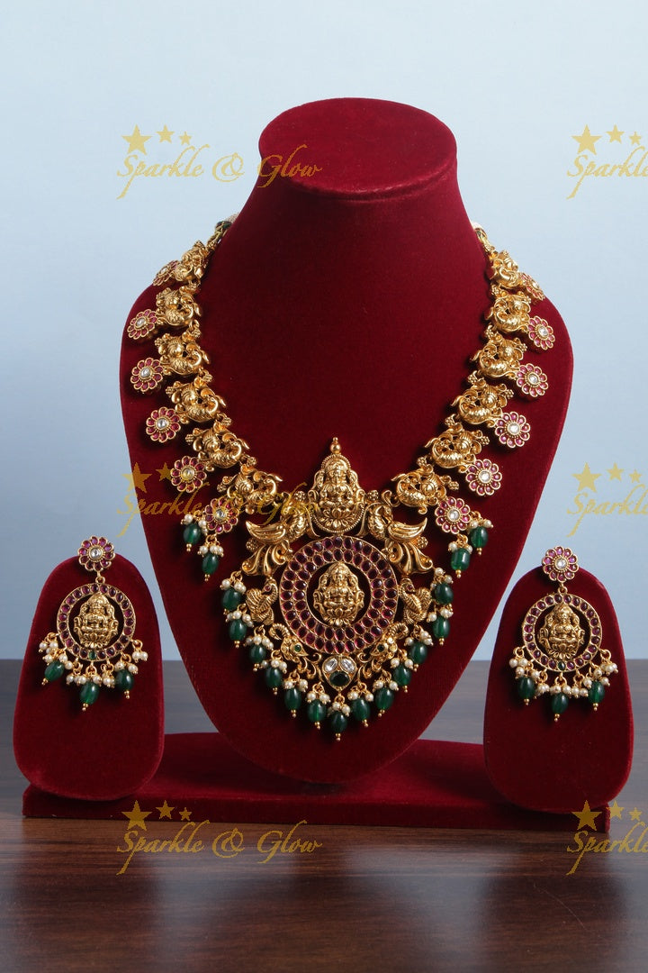 Exclusive Gold Alike Lakshmi Peacock Floral green beads Necklace