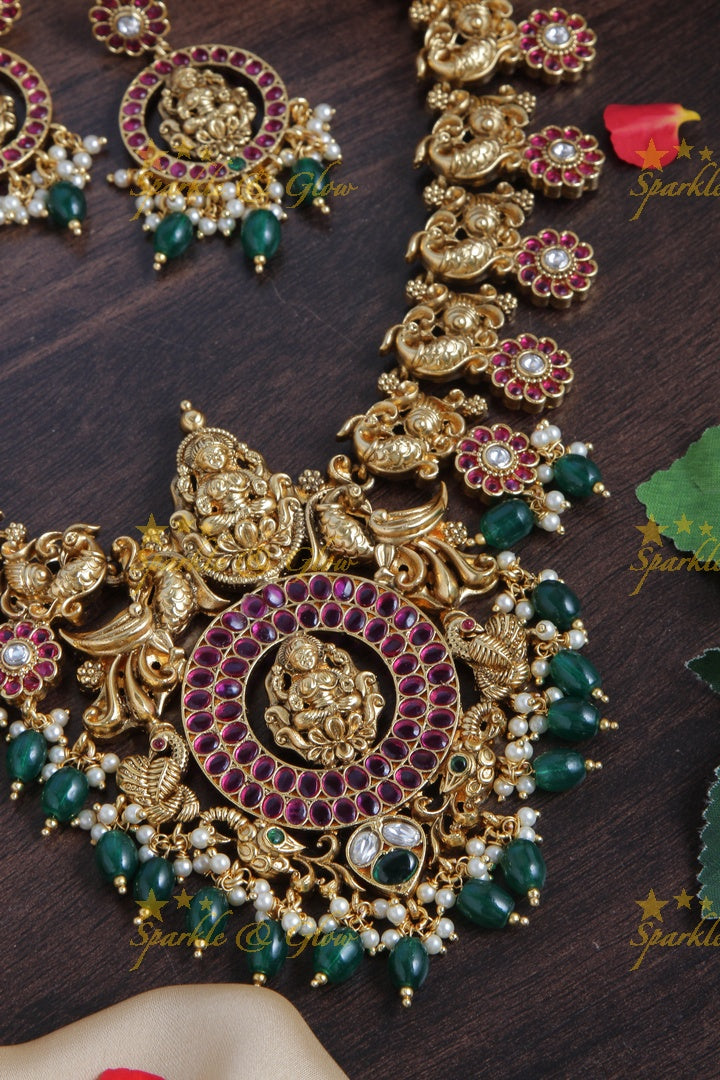 Exclusive Gold Alike Lakshmi Peacock Floral green beads Necklace