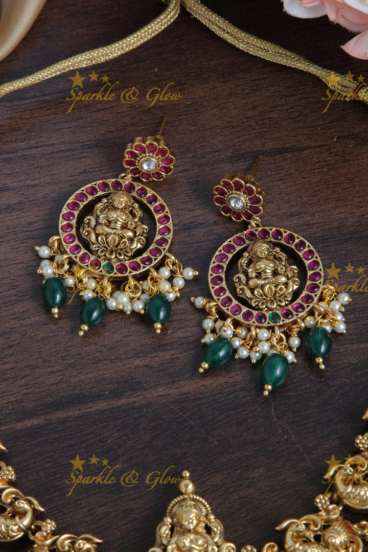 Exclusive Gold Alike Lakshmi Peacock Floral green beads Necklace