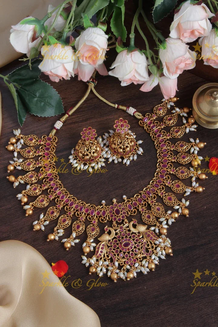 Premium Matt Peacock Mango Kemp Stone Necklace with Pearls and gold beads - Sparkle and Glow