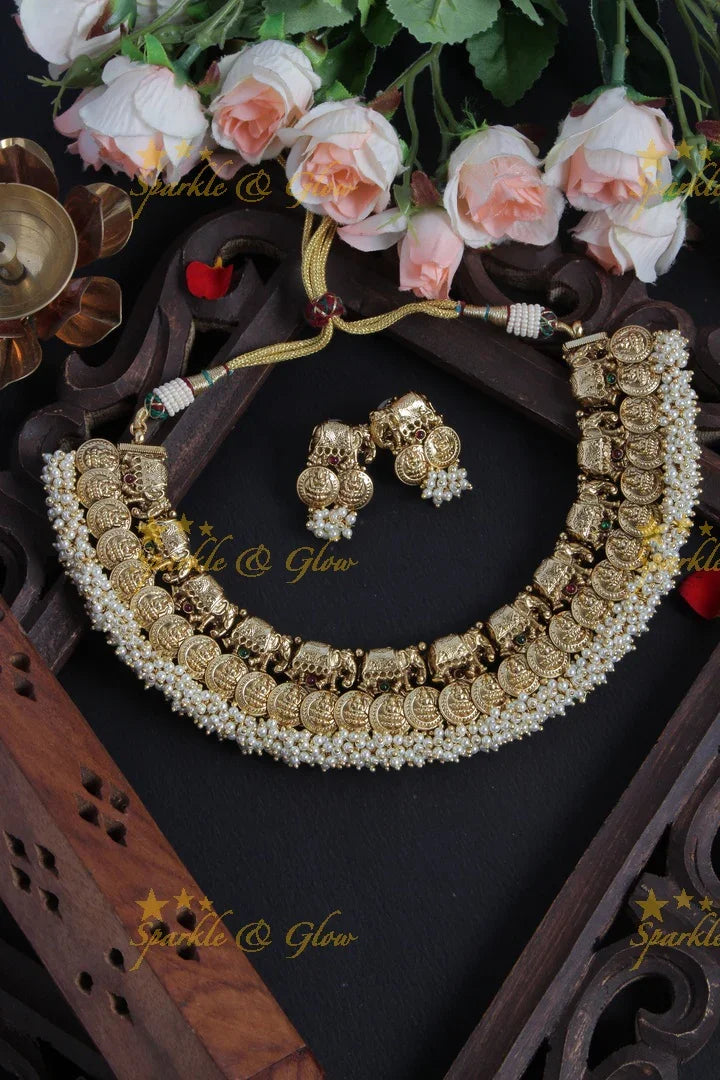 Lakshmi Coin Elephant Gold beads Necklace - Sparkle and Glow