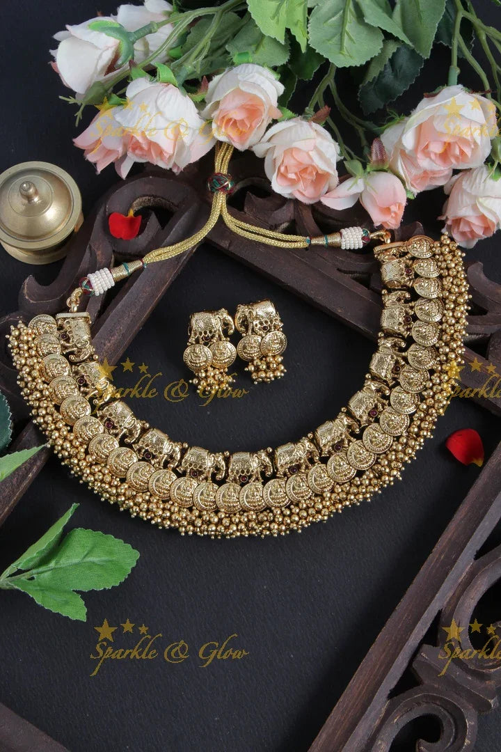 Lakshmi Coin Elephant Gold beads Necklace - Sparkle and Glow