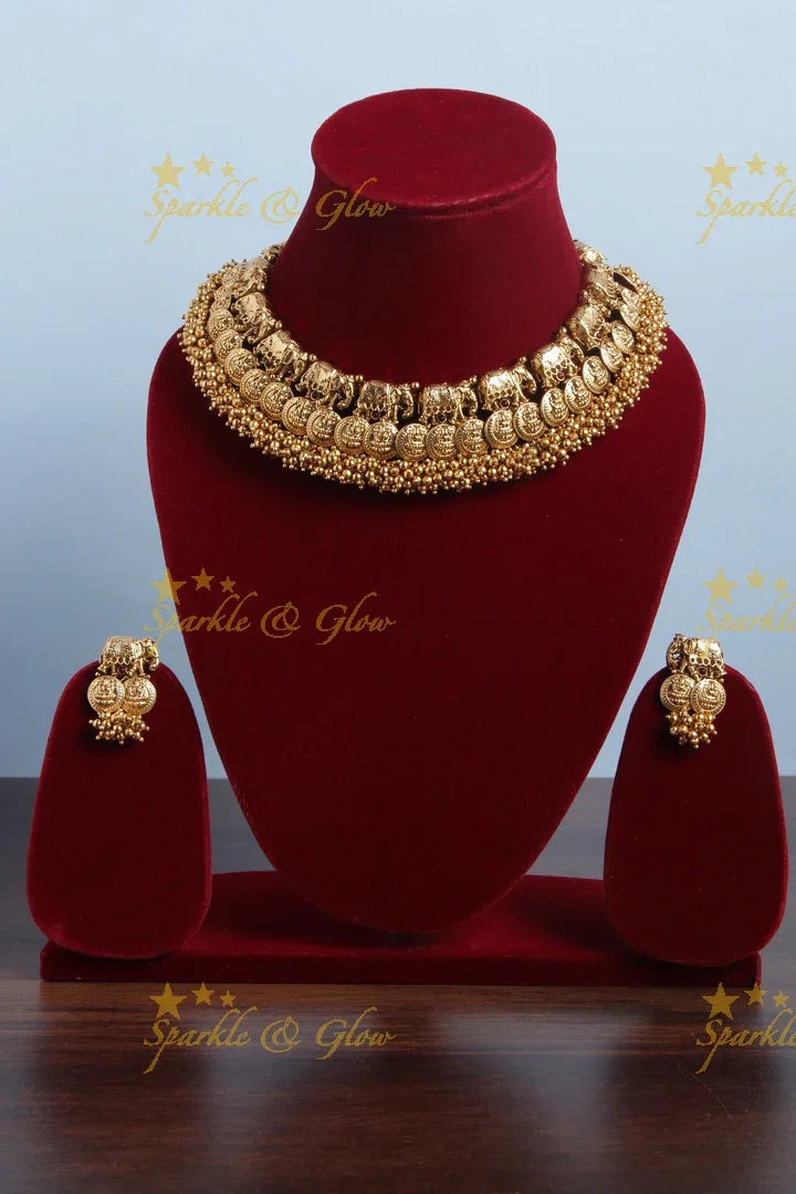 Lakshmi Coin Elephant Gold beads Necklace - Sparkle and Glow