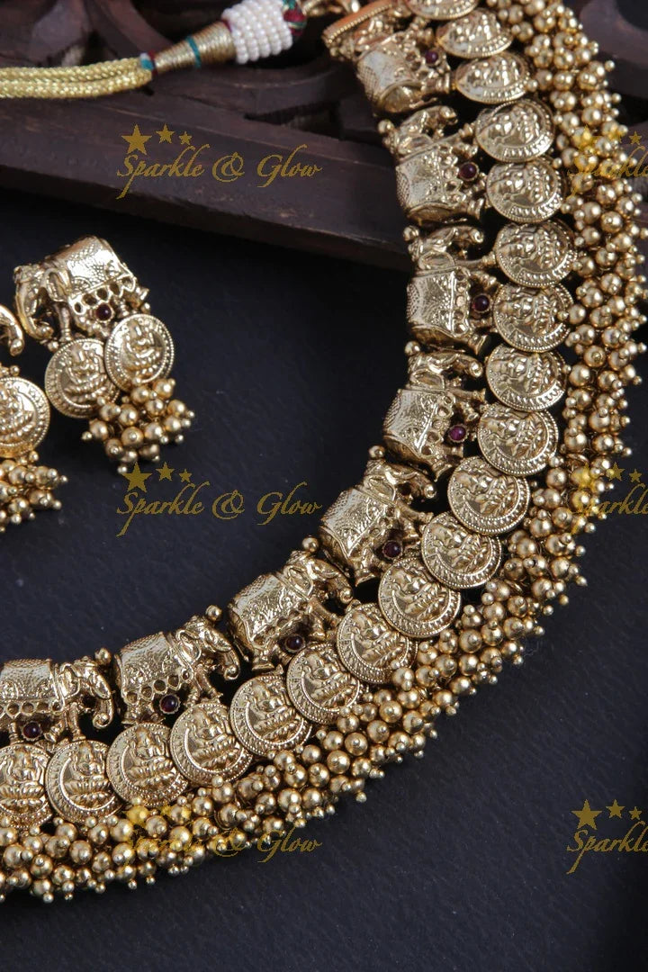 Lakshmi Coin Elephant Gold beads Necklace - Sparkle and Glow