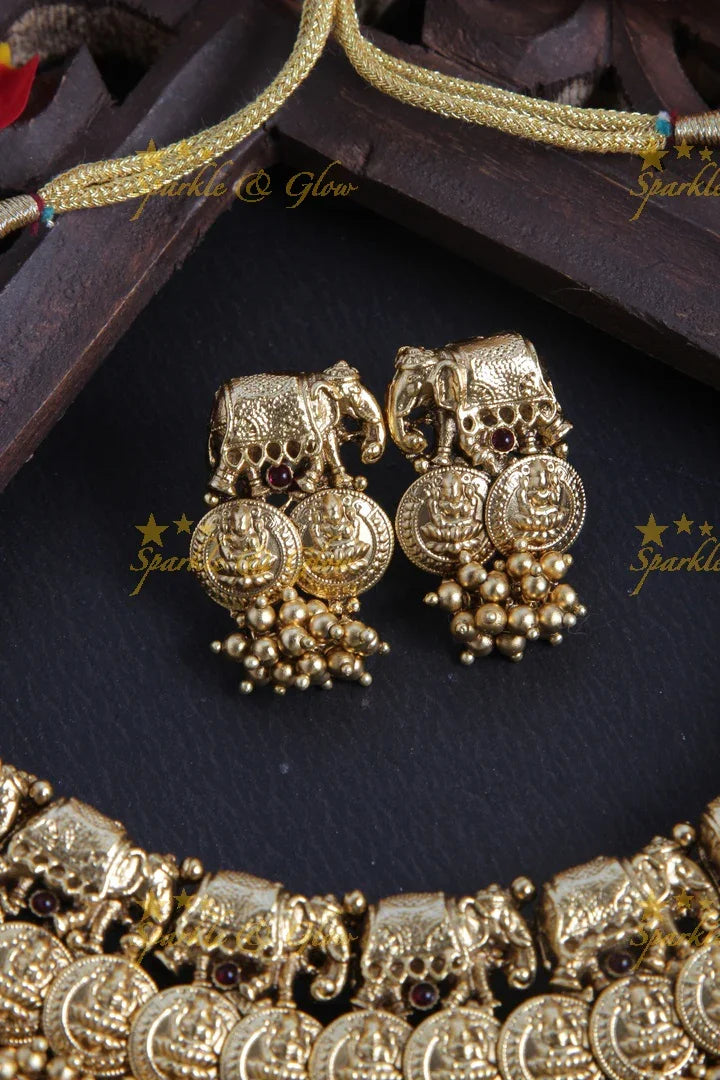 Lakshmi Coin Elephant Gold beads Necklace - Sparkle and Glow