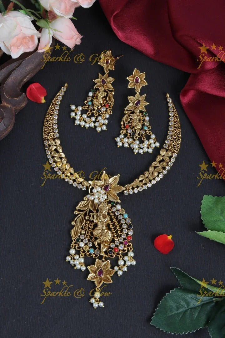 Intricately Carved Krishna Pendent Floral Stone Necklace - Sparkle and Glow