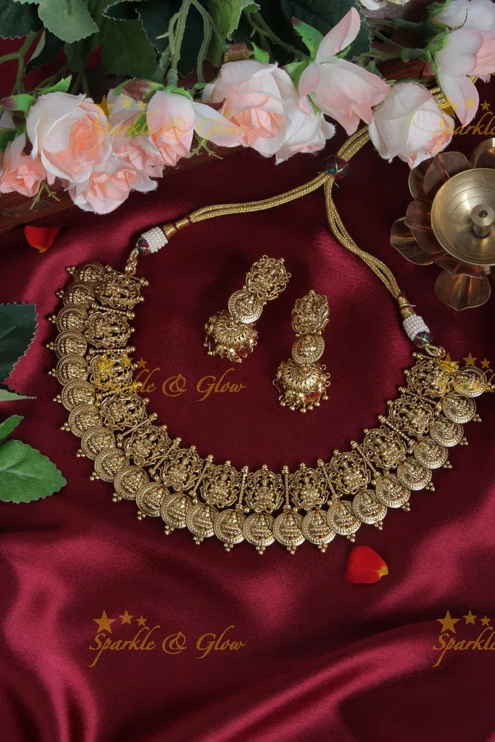 Intricately Carved Lakhsmi Coin Necklace - Sparkle and Glow