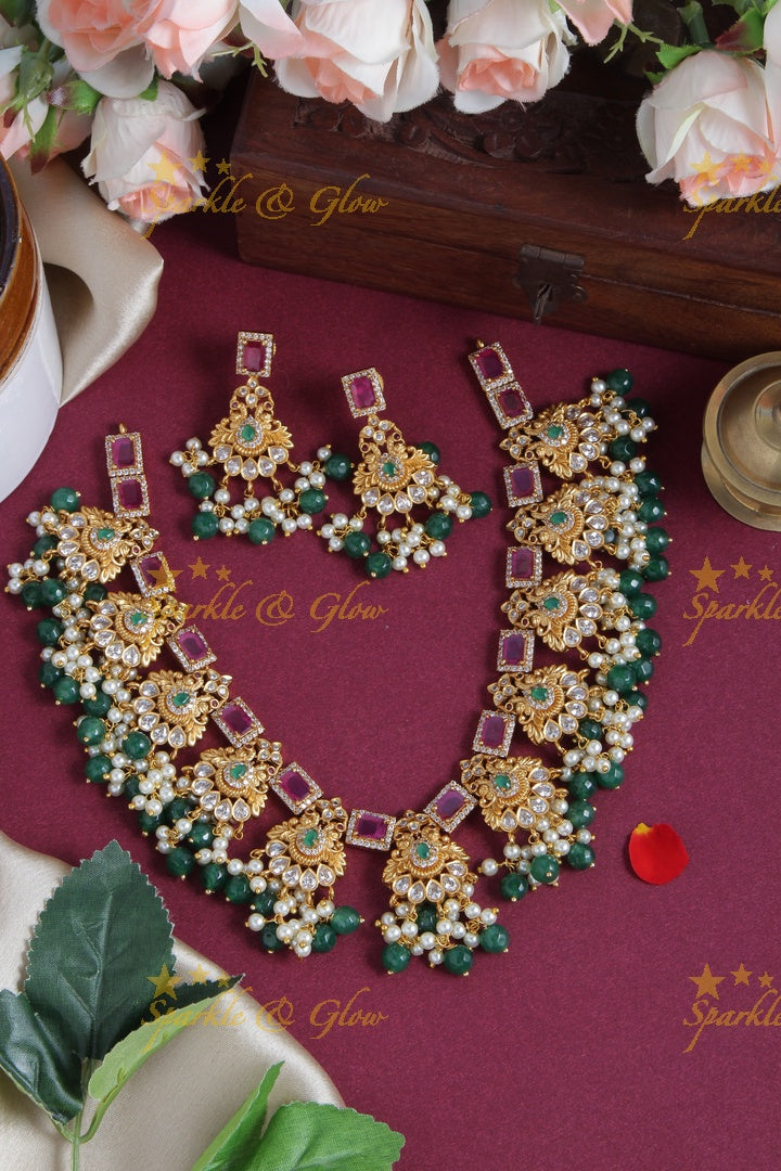 Premium Matt Beautiful Bridal Necklace with Green beads