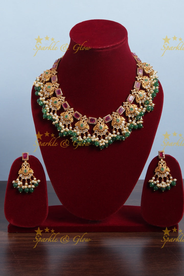 Premium Matt Beautiful Bridal Necklace with Green beads