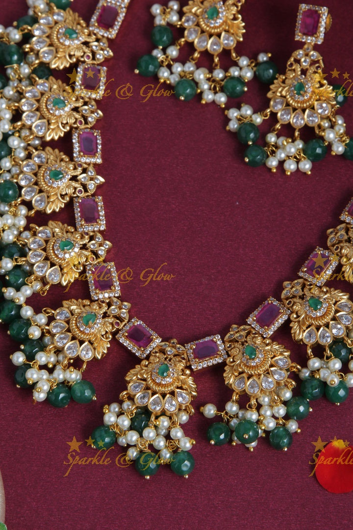 Premium Matt Beautiful Bridal Necklace with Green beads