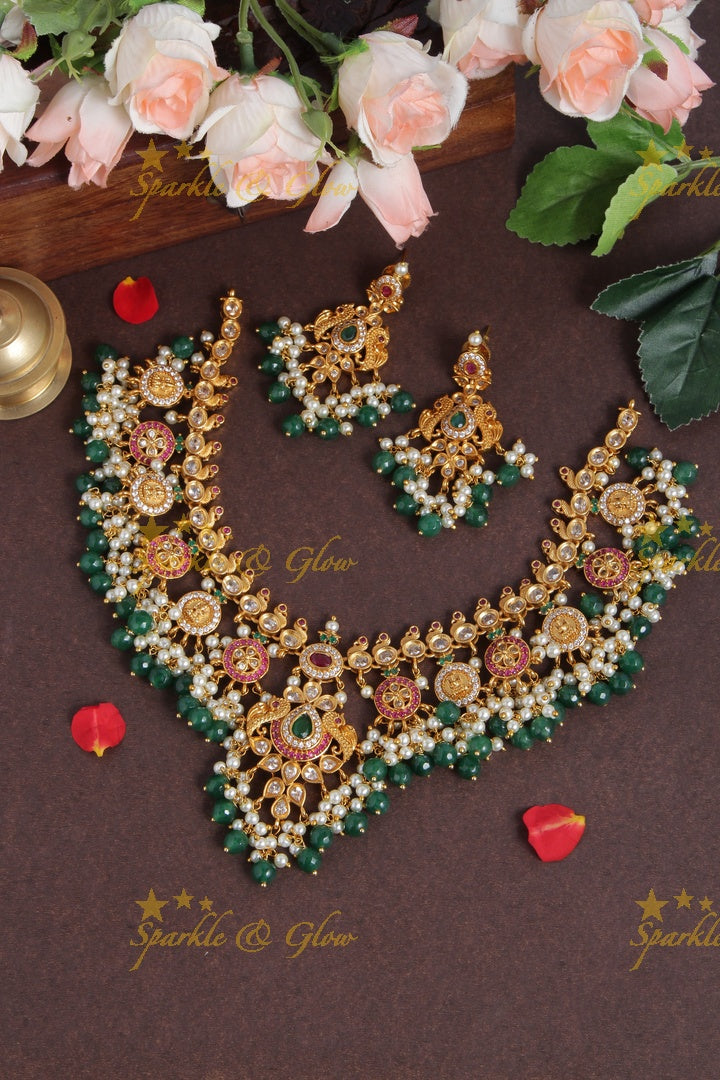 Beautiful Peacock Floral Lakshmi Coin Necklace with Green beads