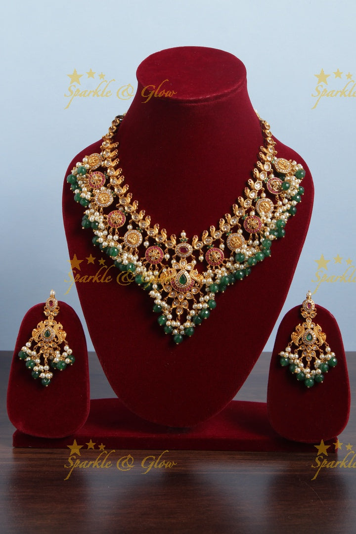 Beautiful Peacock Floral Lakshmi Coin Necklace with Green beads