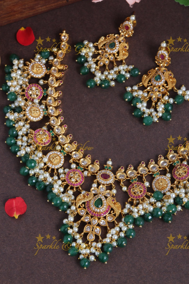Beautiful Peacock Floral Lakshmi Coin Necklace with Green beads