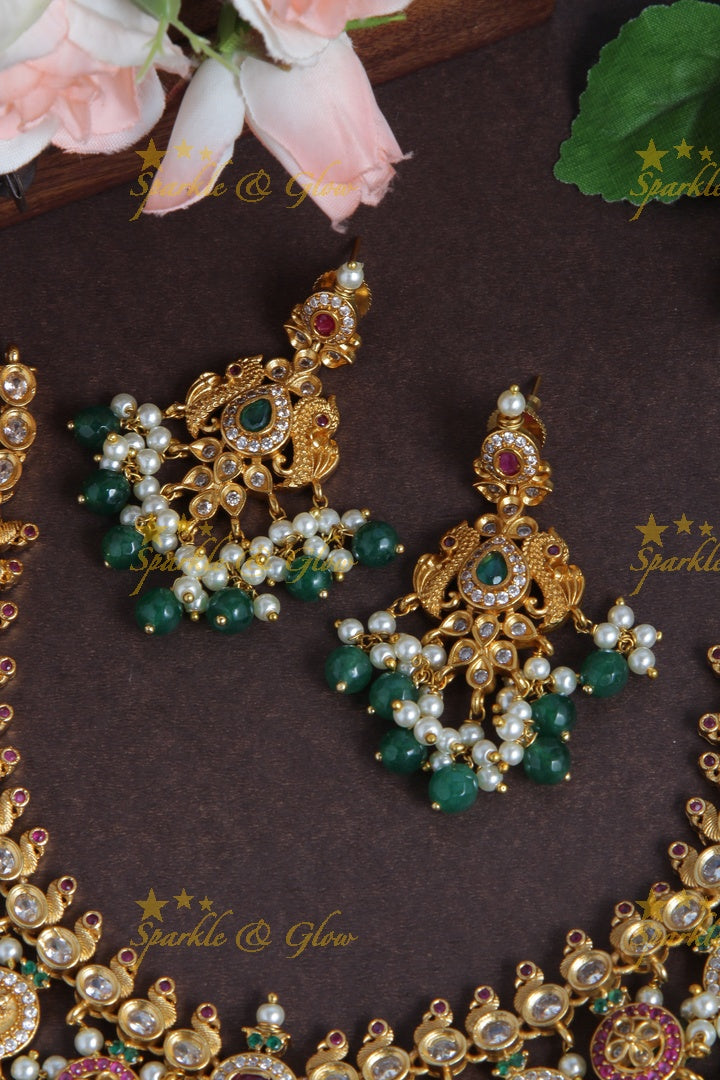 Beautiful Peacock Floral Lakshmi Coin Necklace with Green beads