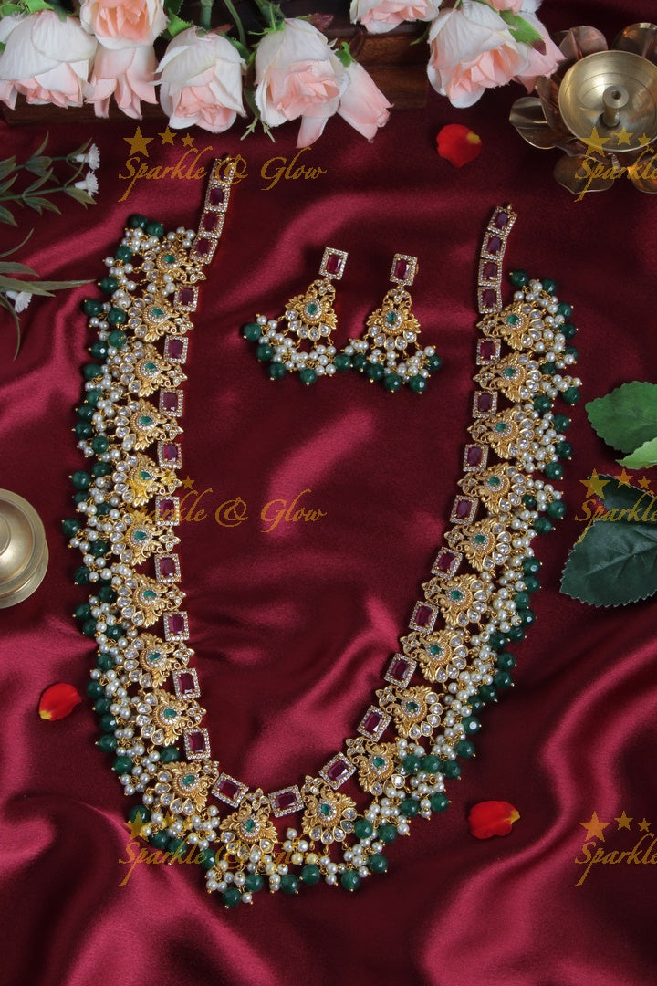 Premium Matt Beautiful Bridal Long Necklace with Green beads