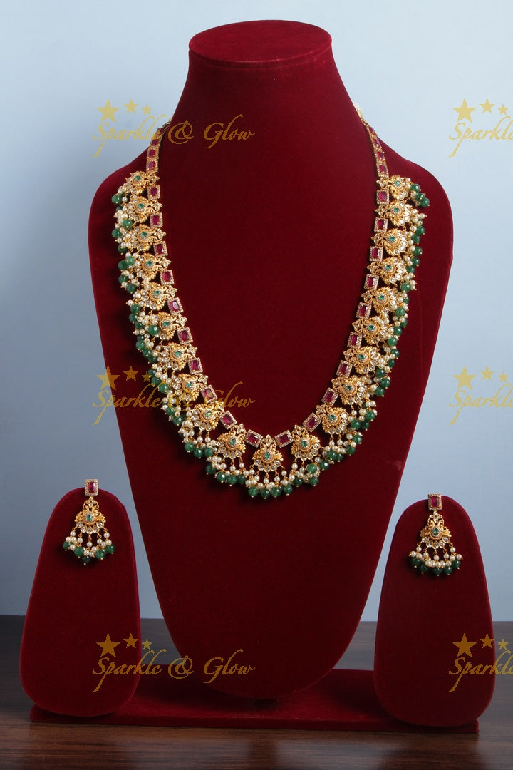 Premium Matt Beautiful Bridal Long Necklace with Green beads