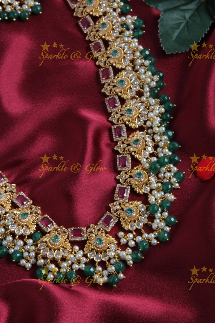 Premium Matt Beautiful Bridal Long Necklace with Green beads