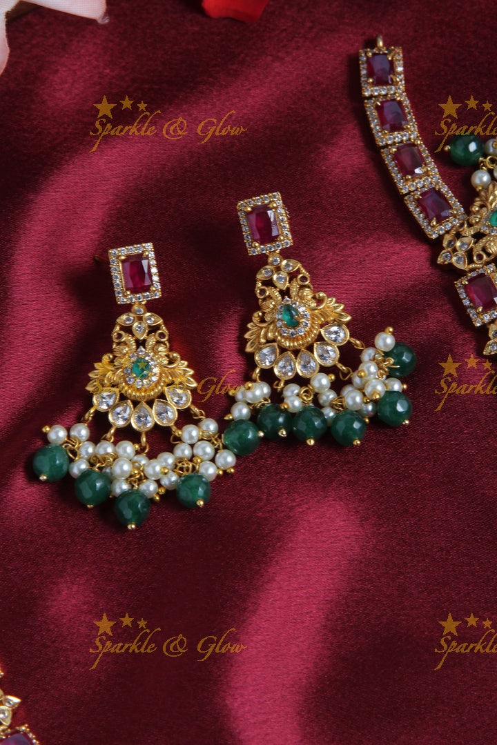 Premium Matt Beautiful Bridal Long Necklace with Green beads