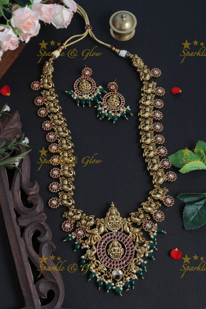 Intricately Carved Lakshmi Peacock Floral Long Necklace with Green beads