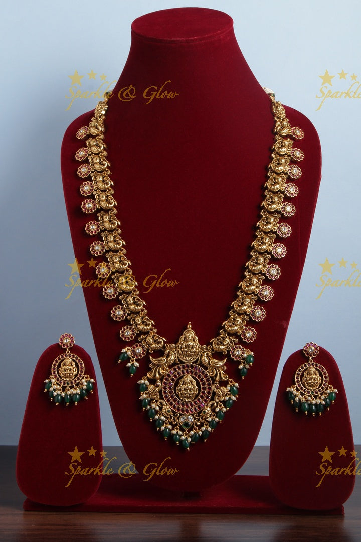 Intricately Carved Lakshmi Peacock Floral Long Necklace with Green beads