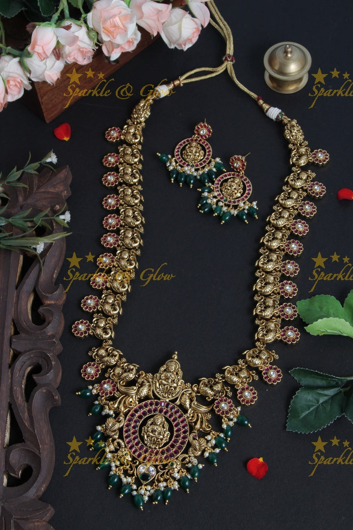 Intricately Carved Lakshmi Peacock Floral Long Necklace with Green beads