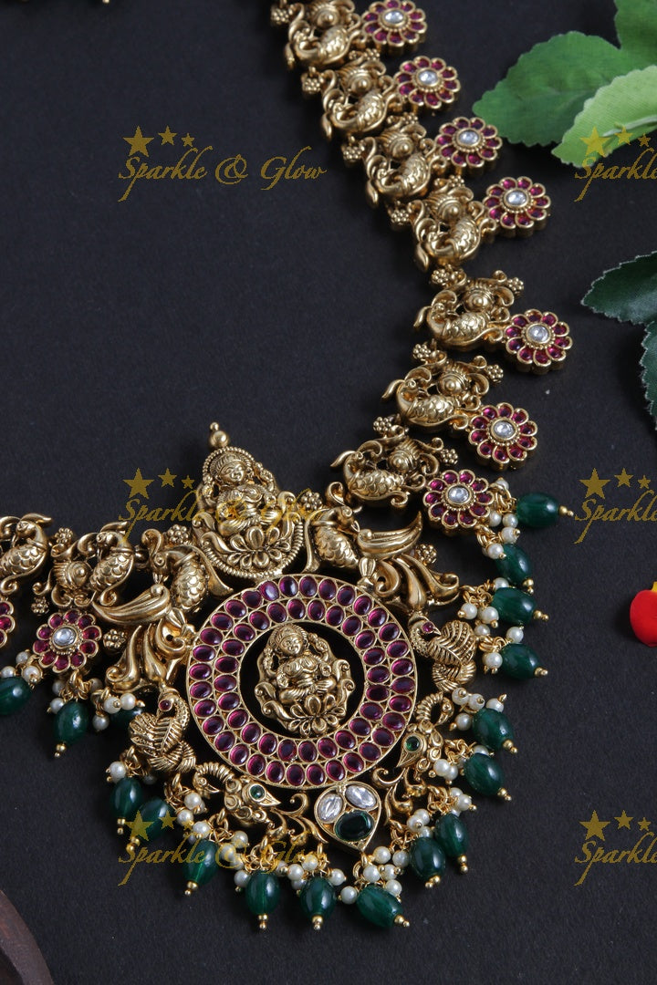 Intricately Carved Lakshmi Peacock Floral Long Necklace with Green beads
