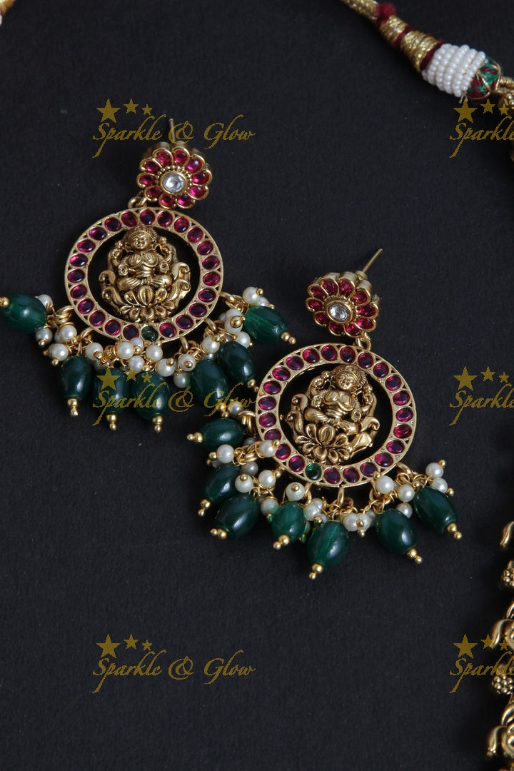 Intricately Carved Lakshmi Peacock Floral Long Necklace with Green beads