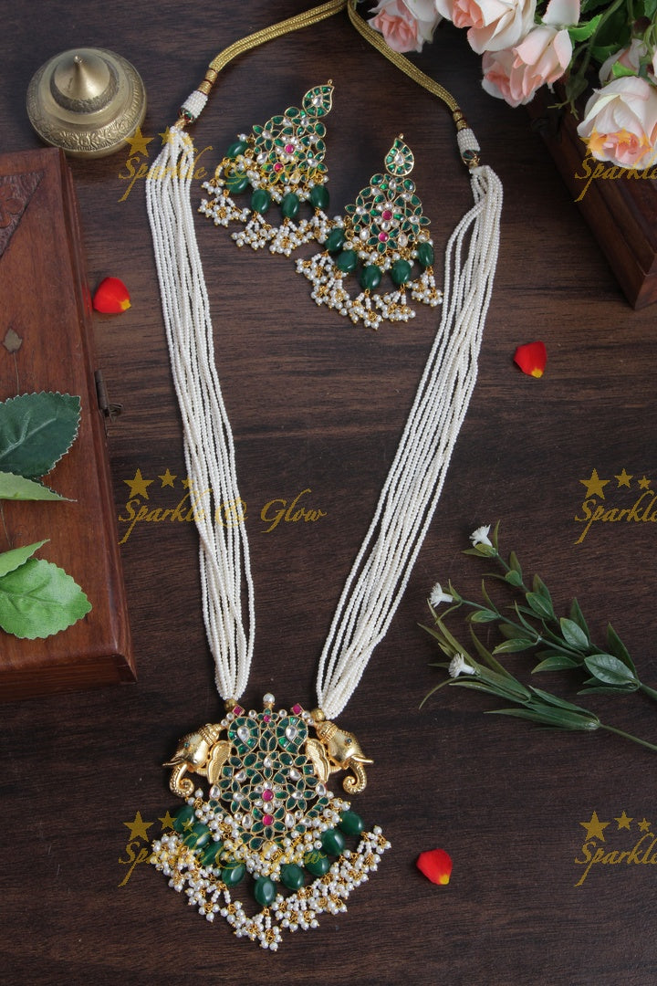 Beautiful Peacock Elephant Floral Pendent Pearl Necklace with Green beads